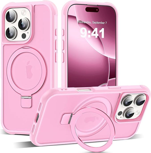 Compatible with iPhone 16 Pro Case with Invisible Magnetic O-Ring Stand Military-Grade Translucent Case for iPhone 16 Pro 6.3" [Compatible with Mag-Safe][Great Grip Feeling], Pink