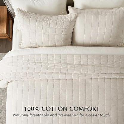 EVERGRACEHOME 100% Cotton Box Stitch Quilt Bedding Set King Size 3 Pieces, Garment-Washed Lightweight Soft Cozy Coverlet, Oversized Quilted Bedspread Sets with 2 Shams for All Season, Birch