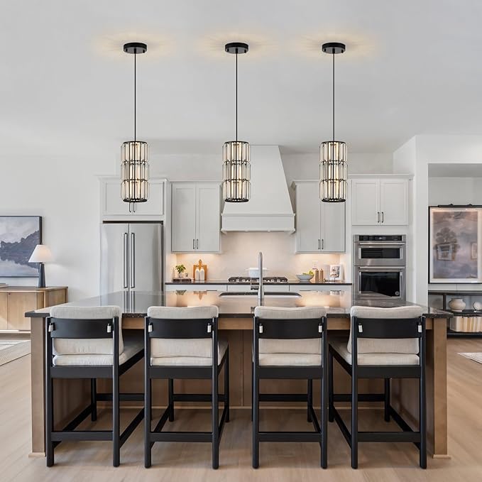 Black Pendant Lighting, Modern Crystal Mini Pendant Light Fixture, Adjustable 3-Pack Chandeliers for Kitchen Island, Dining Room, Bedroom