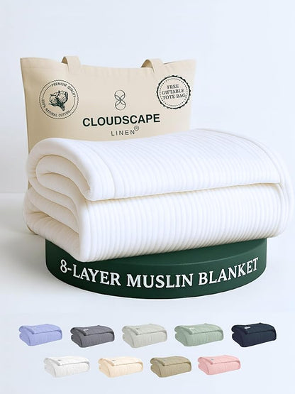 Cloud Scape Linen 100% Cotton 8 Layer Twin Size Muslin Blanket - Breatheable and Soft Winter Blanket for Bed, Couch and Sofa, Oversized Fits up to Twin XL, Best Gift Idea, 68x92, White