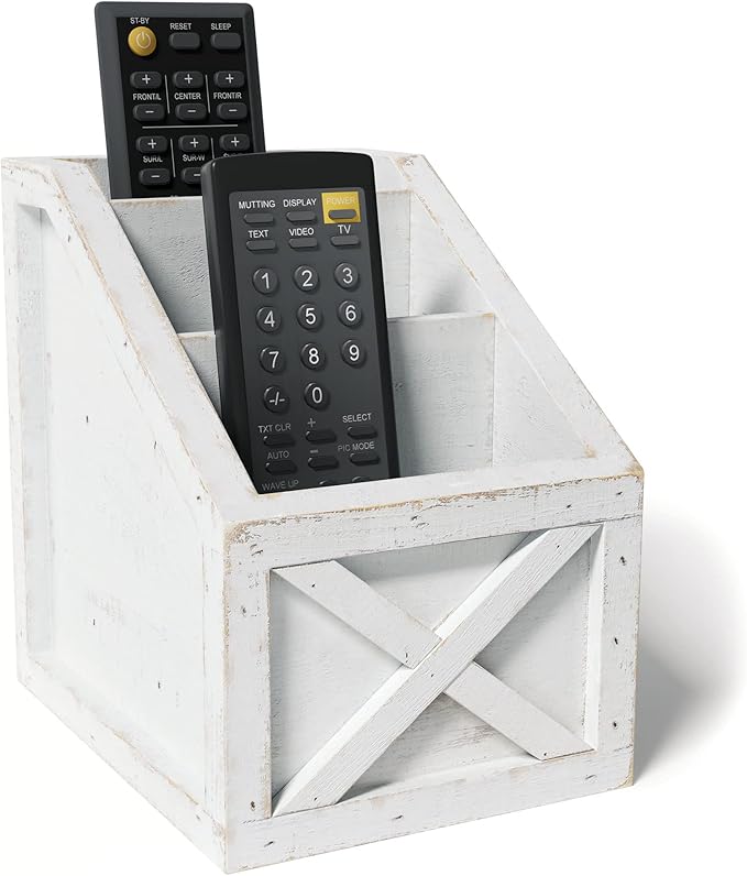 Barnyard Designs Rustic Vintage Wooden Desk Organizer Remotes Caddy Tabletop Desktop Office Supplies Desk Accessories Holder, 6.75" x 6.5” (White/White)