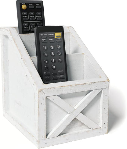 Barnyard Designs Rustic Vintage Wooden Desk Organizer Remotes Caddy Tabletop Desktop Office Supplies Desk Accessories Holder, 6.75" x 6.5” (White/White)
