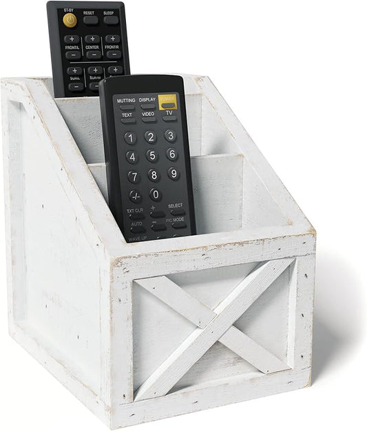 Barnyard Designs Rustic Vintage Wooden Desk Organizer Remotes Caddy Tabletop Desktop Office Supplies Desk Accessories Holder, 6.75" x 6.5” (White/White)