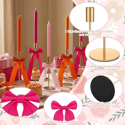 6 Set Pink and Orange Sunset Party Decorations, 6 Candle Holders and 6 Ribbon Bow, Metal Brass Gold Candlestick Holders for Table Wedding Bachelorette Birthday Tequila Sunrise Party Supplies