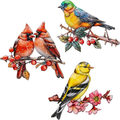 3Pcs Metal Wall Art Decor Birds on Branch, 3D Colorful Bird Outdoor Hanging Wall Art Patio Fence Decorations, Hummingbird Wall Sculptures for Indoor Outdoor Garden(Birds A)