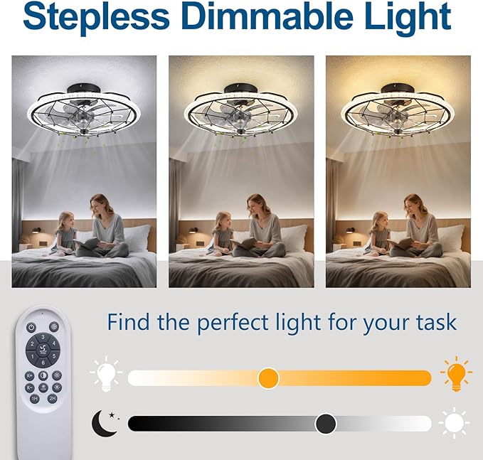 Matte Black Ceiling Fan with Light, Farmhouse Chemistry Molecular Model Caged Ceiling Fan with Remote, LED Low Profile Ceiling Light for Bedroom Kitchen Living Room