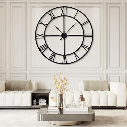 Large Wall Clock for Living Room Decor – 60 Inch Silent Non-Ticking Modern Farmhouse Wall Clock, Oversized Decorative Metal Roman Numeral Clock (Pure Black, 60 Inch)