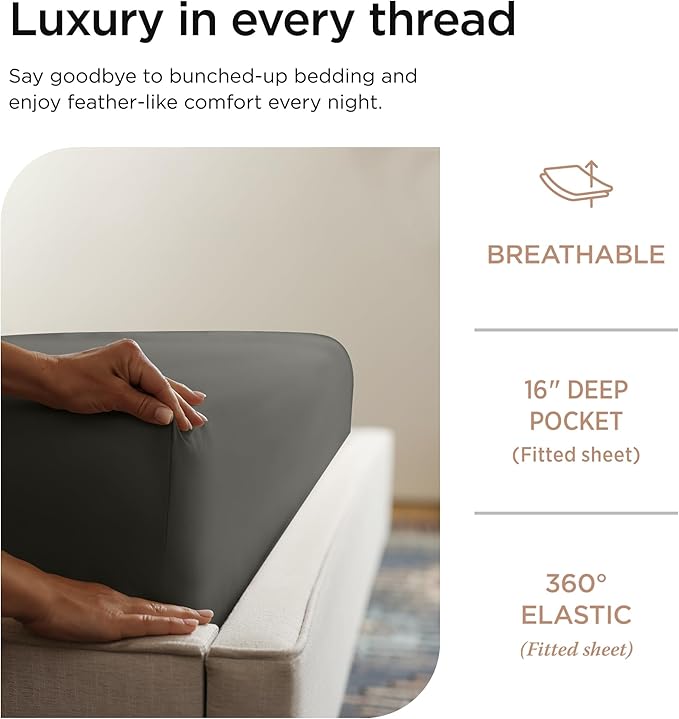 Threadmill Luxury 800 Thread Count California King 100% Cotton Sheets - Dark Grey Sateen Weave Bed-Sheets, Better Than Egyptian Cotton,4 Pc Solid Bedding Set, Fits 16" Deep Pocket