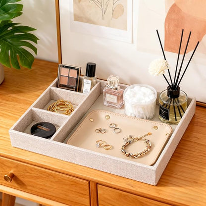 Desktop Storage Organizer, Nightstand or Dresser Organizer, Valet Tray, Entry Table Organizer, 4 Compartments,PU Leather Drawer Storage Organizer Decorative Trays. (Pearl White—2)