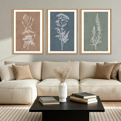 HLNIUC Neutral Botanical Framed Wall Art Set, Boho Minimalist Plant Canvas Wall Decor, Vintage Leaf Wall Painting, Nature Floral Silhouette Art Print for Bedroom, Living Room, Study - 24”x36”x3