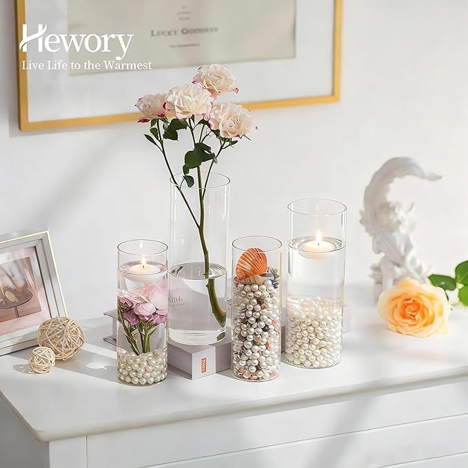 Hewory Glass Cylinder Vases for Centerpieces: 7“+6" Tall 32Pcs Clear Small Bud Vases for Flowers Wedding Party Table Decoration - Skinny Hurricane Candle Holders for Floating Candles