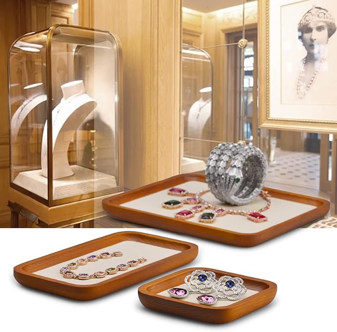 Solid Wood Jewelry Display Flat Tray for Rings Earrings Necklace Bracelet, Jewelry Photograph Display(Beige,S)
