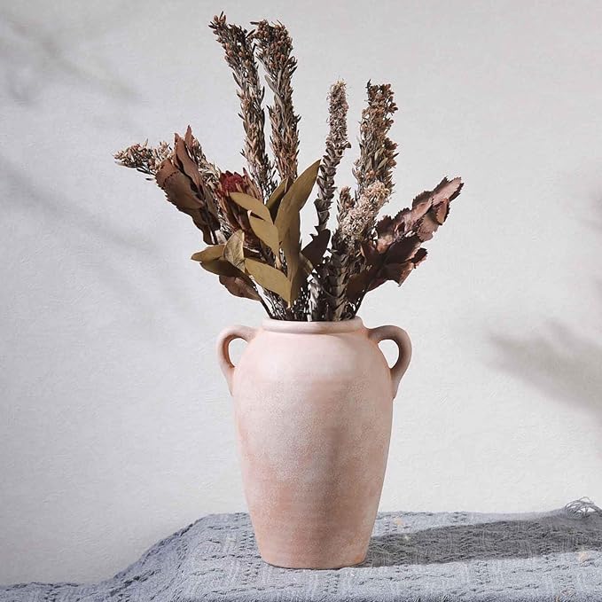Ceramic Flower Vase, 9 inch Rustic Farmhouse Vase for Centerpieces, Handcrafted Weathered Pottery Vases, Small Decorative Terracotta Vases for Home Decor, Living Room, Table, Shelf
