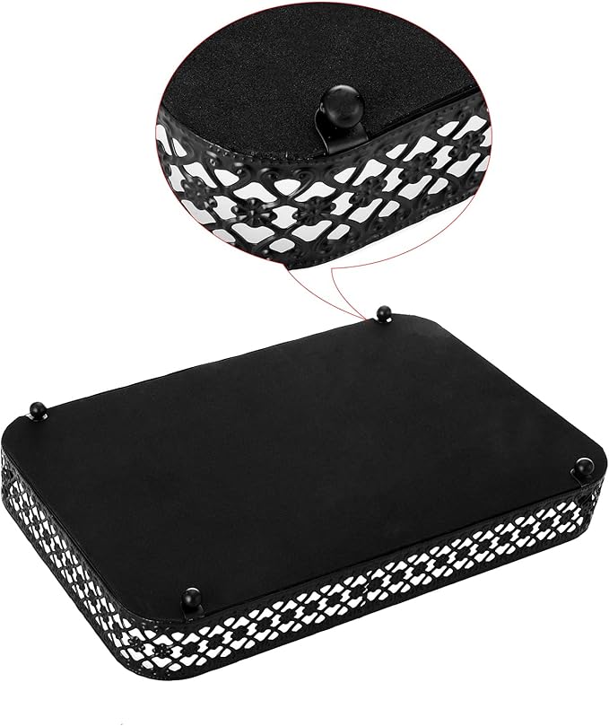 ELLDOO Black Perfume & Makeup Vanity Tray - Hollow-Carved Jewelry Storage, Glass & Metal Trinket Organizer for Dresser & Bathroom Countertop, Medium Size
