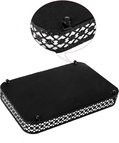 ELLDOO Black Perfume & Makeup Vanity Tray - Hollow-Carved Jewelry Storage, Glass & Metal Trinket Organizer for Dresser & Bathroom Countertop, Medium Size