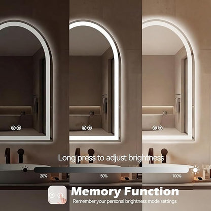 Sweetcrispy 24"×32" LED Bathroom Mirror with Lights, Arched Vanity Mirror with Anti-Fog, Dimmable, 3-Color Light, Memory Function, Tempered Glass