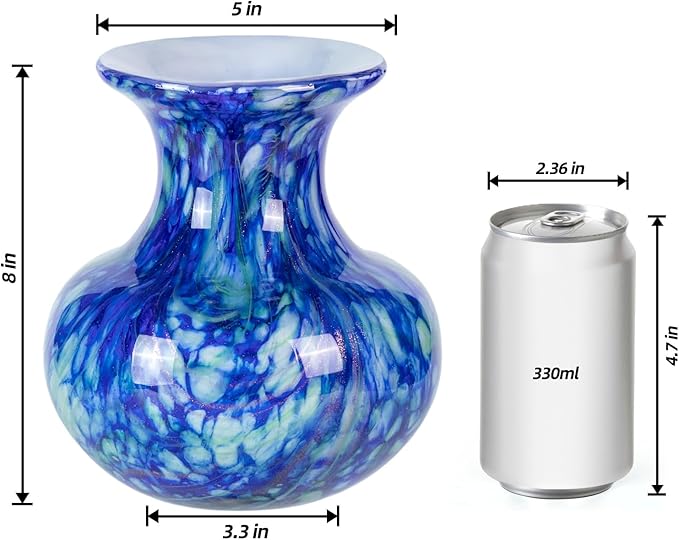 Glass Vases for Flower, Unique Hand Blown Blue Glass Vase, Modern Art Decorative for Home Living Room, Office, Table centerpieces, Bookshelves and Wedding Decorations (JG55)