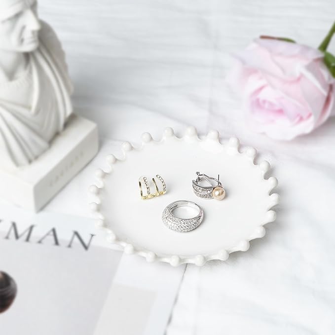 Ceramic Jewelry Dish, Decorative Tray for Rings Earrings Necklaces Bracelet Watch Keys, 4.50" Trinket Tray as Gifts for Women (White Beads)
