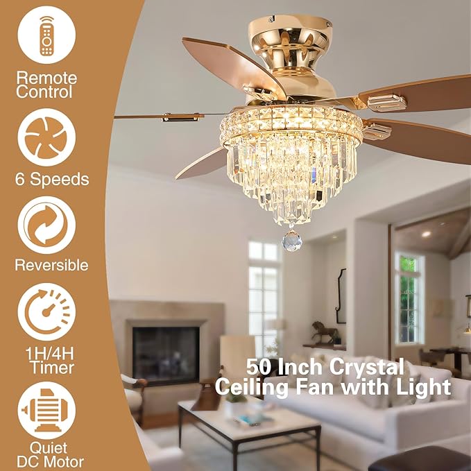 Crystal Ceiling Fan Fandelier with Lights-Ceiling Fans with Lights,50" Low Profile and Remote Control, Flush Mount, Reversible, Dimmable, Noiseless,Ceiling Fan for Bedroom（Gold）