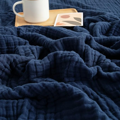 EMME Cotton Blanket Queen Size for Bed Soft Large Muslin Bed Blankets 90"x90" Lightweight Breathable All Season Gauze Blanket, Navy