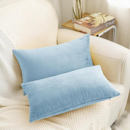 HWY 50 Light Blue Velvet Rectangular Throw Pillow Covers 12x20 Inch, Pack of 2 Soft Cozy Solid Decorative Luxury Cushion Cases for Couch Sofa Bed Living Room Bedroom