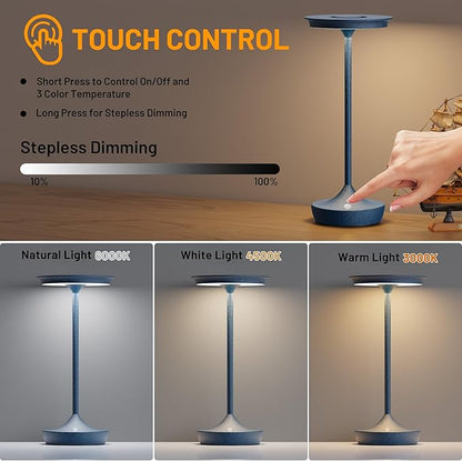 LED Cordless Table Lamps Rechargeable - Outdoor 6000mAh Battery Operated Portable Tables Light 3 Color Stepless Dimming Lamp with Memory Function for Patio Restaurant Dining Blue