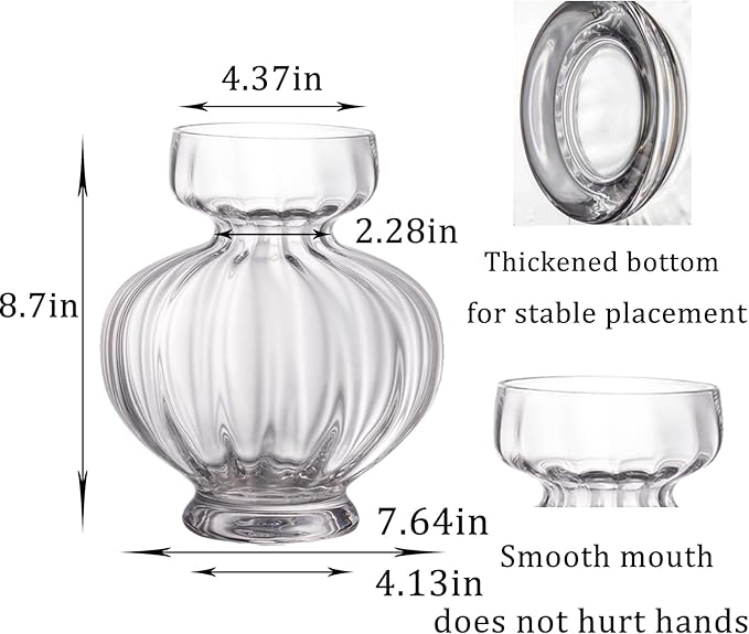 Large Glass Vases for Centerpieces Wide Big Ribbed Vase Hyacinth Bulb Avocado Clear Vases for Table Decorations Modern Thickness for Wedding Home Living Room Decor 7.63'' Width x 8.66''Height