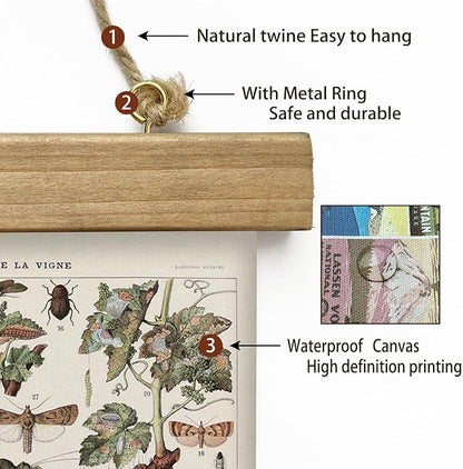 XIAOAIKA Vintage Vineyard Pests Identification Chart - Rustic Wall Hanging Educational Poster with Wooden Scroll Frame - Ideal for Wine Enthusiasts and Gardeners 16 x 23 Inches