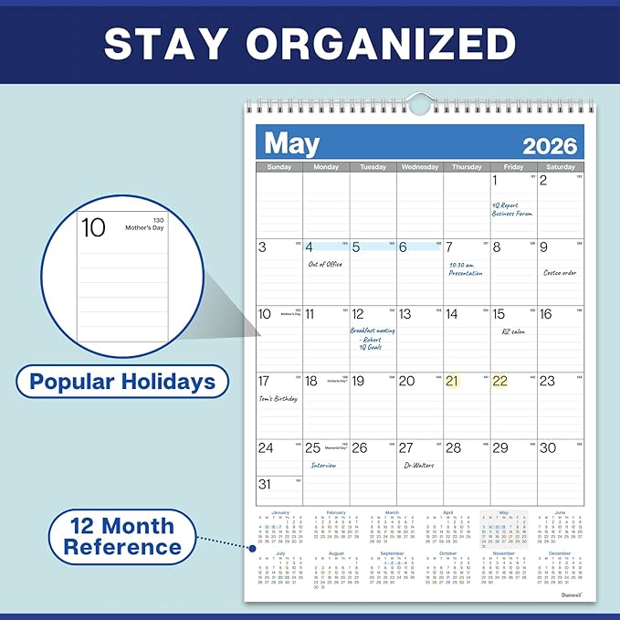 Dunwell 2026 Large Wall Calendar 12x17, Blue, Big Grid 12 x 17 Hanging Monthly Calendar with Large Daily Blocks, Premium Paper, Jan–Dec 2026