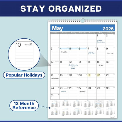 Dunwell 2026 Large Wall Calendar 12x17, Blue, Big Grid 12 x 17 Hanging Monthly Calendar with Large Daily Blocks, Premium Paper, Jan–Dec 2026