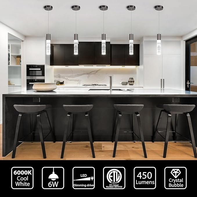 OKELI Modern Pendant Light,LED Bubble Crystal Kitchen Island Lights Fixtures,Black Mini Single Pendant Lighting for Kitchen Island Bar,6W,6000K,ETL,1Pack