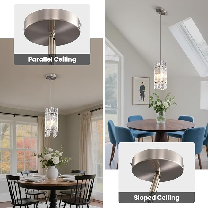 Modern Brushed Nickel Crystal Pendant Light for Kitchen Island, Luxury Mini Water Ripple Glass Chandelier Fixture, Square Adjustable Hanging Pendant Lighting for Dining Room Bedroom Hallway (1-Pack)