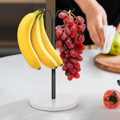 Double Hooks Standing Banana Holder, Banana Hanger Tree Stand Hook for Kitchen Countertop, Sturdy and Balanced Fruit Shelves with Storage on Both Sides.(Black)