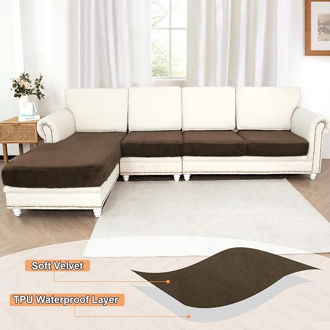 NAISI Waterproof Couch Cushion Covers Thick Velvet Fabric Washable Sofa Slipcovers Sectional Couch Covers for 4 Pieces Separate L Shape Couch Cover with Elastic Bottom(3 Seater + 1 Chaise, Caramel)