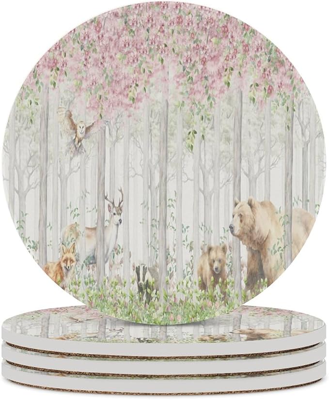 Round-4PCS Forest Ceramic Coasters, Round Absorbent Drink Coasters, Cartoon Nature Forest Flower Animal Bear, Deer, Fox, Rabbit Ceramic Table Coasters for Coffee, Beverage, Wine, Beer Coasters