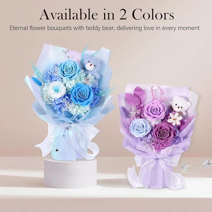 Preserved Flowers Bouquet with Bear, Real Forever Flowers for Delivery, Long-Lasting Blue Eteranl Roses Bouquet, Anniversary Birthday Valentine Gifts for Women Men Mom Grandma Her Wife Girlfriend