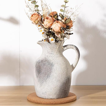 Ceramic Rustic Vase with Handle, Decorative Jug Pitcher, Terracotta Stone Vase for Decor Living Room, Vintage Home Decor, Natural