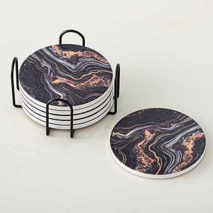 Ceramic Drink Coasters Set of 6 with Holder, Modern Marble Absorbent Ceramic Coasters, Round Ceramic Table Coasters for Home Decor Coffee Kitchen (4 Inches), Black