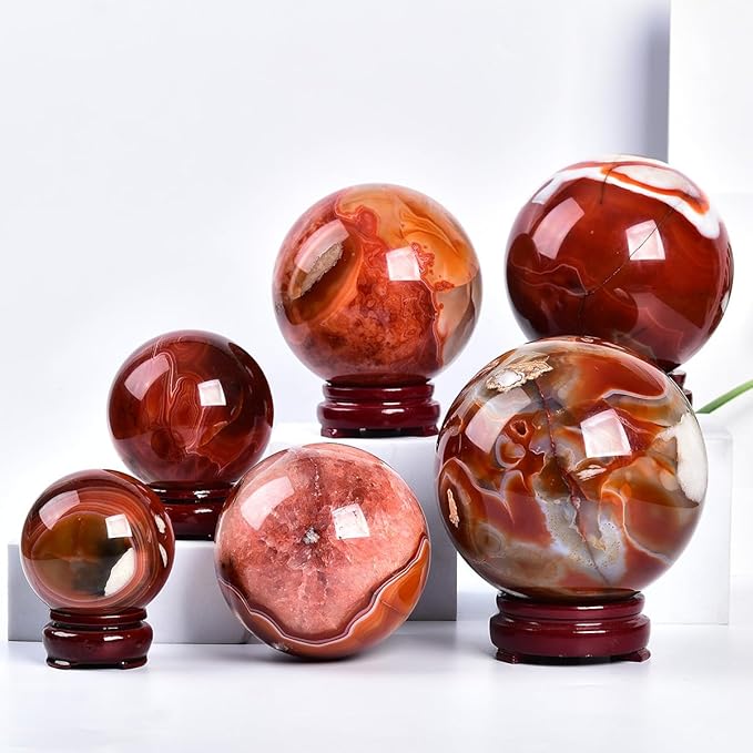 JIC Gem Red Agate Large Crystal Ball 3.5-4 inch(90-100mm) Round Healing Crystals Decorative Sphere with Wooden Stand Meditation Witchcraft Home Decor