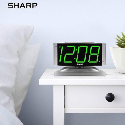 Sharp Home LED Digital Alarm Clock – Swivel Base - Outlet Powered, Simple Operation, Alarm, Snooze, Brightness Dimmer, Big Green Digit Display, Silver Case