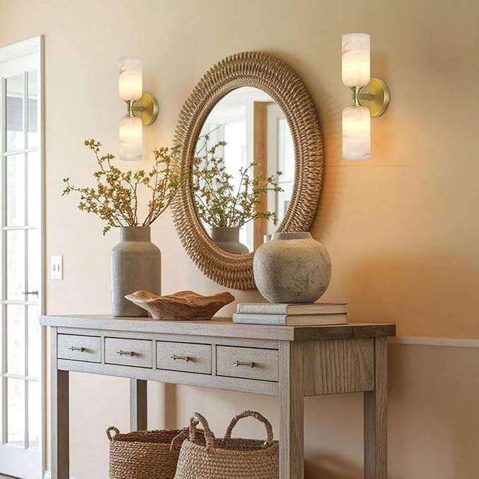 Alabaster Wall Sconces Set of 2, 14in Modern Spanish Natural Marble Vanity Light, Dimmable Hardwired Brass Gold Wall Sconce Lighting for Bathroom Mirror, Bedroom, Luxury Natural Stone Wall Fixtures