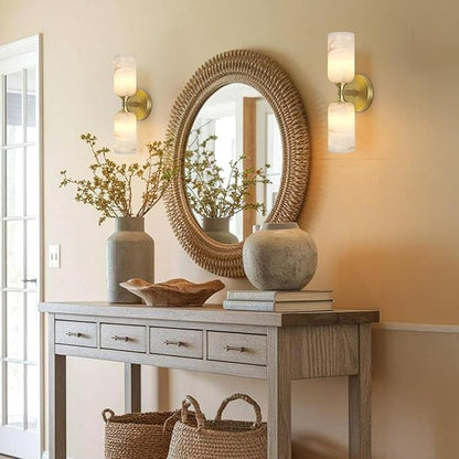 Alabaster Wall Sconces, 14" Modern Spanish Natural Marble Vanity Light, Dimmable Hardwired Brass Gold Wall Sconce Lighting for Bathroom Mirror, Bedroom, Living Room, Luxury Natural Stone Wall Fixtures