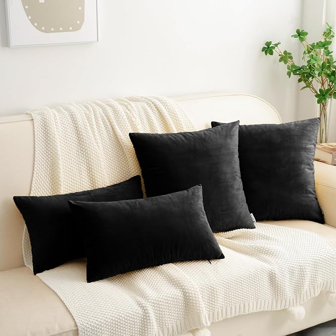 HWY 50 Black Velvet Throw Pillow Covers 18x18 Inch, Pack of 2 Soft Cozy Solid Decorative Luxury Cushion Cases for Couch Sofa Bed Living Room Bedroom