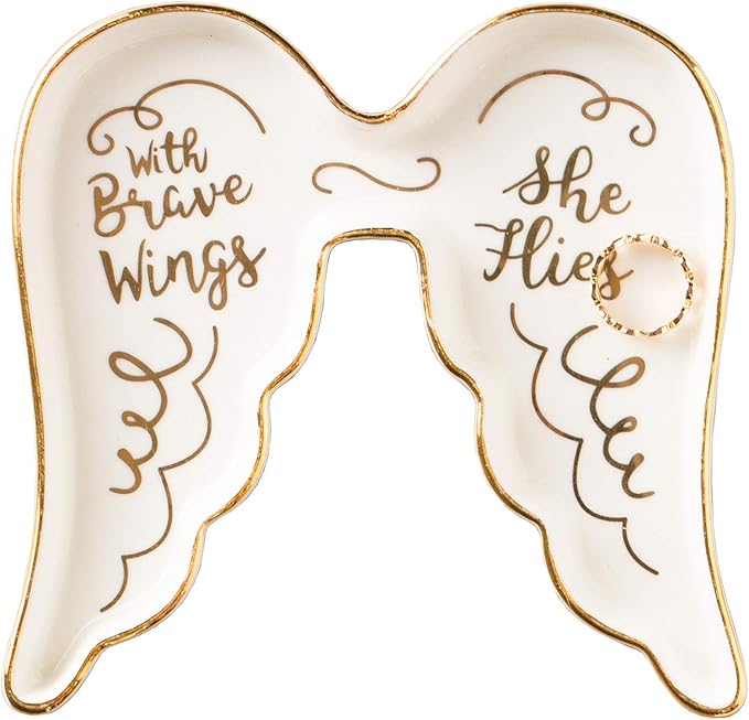 Stephanie Imports Angel Wing-Shaped with Brave Wings She Flies Ceramic Trinket Plate and Decorative Jewelry Dish