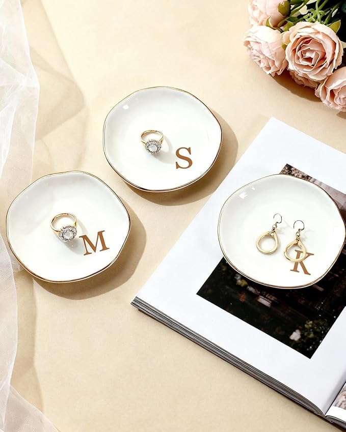 Fmeida Jewelry Tray Ring Dish for Women, Initials Ceramic Jewelry Dish, Personalized Aesthetic Decorative Birthday Valentines Mother's Day Christmas Gifts, 4.5", Rose Gold L