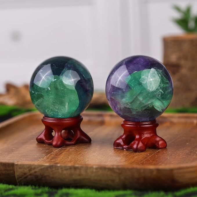 SUNYIK Natural Fluorite Ball Sphere with Resin Stand Polished Crystal Sphere Stone Figurine Decor for Home Office Tabletop, 1.6-1.9"(41-50mm)