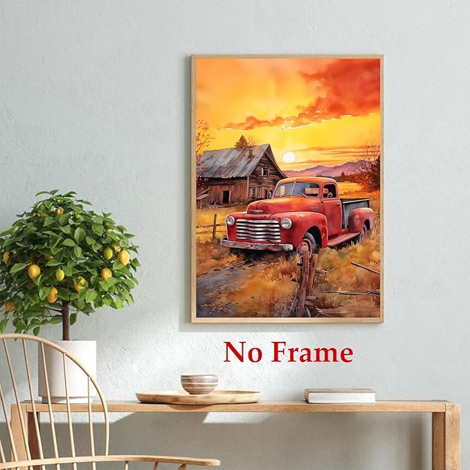 Farmhouse Scenery Canvas Red Truck Picture Farm Tractor Wall Art Old Barn Posters Old Tractor Painting Country House Artwork Rustic Landscape Picture Sunset Farmhouse Wall Art 16x24in No Frame
