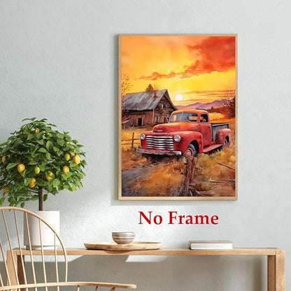 Farmhouse Scenery Canvas Red Truck Picture Farm Tractor Wall Art Old Barn Posters Old Tractor Painting Country House Artwork Rustic Landscape Picture Sunset Farmhouse Wall Art 16x24in No Frame
