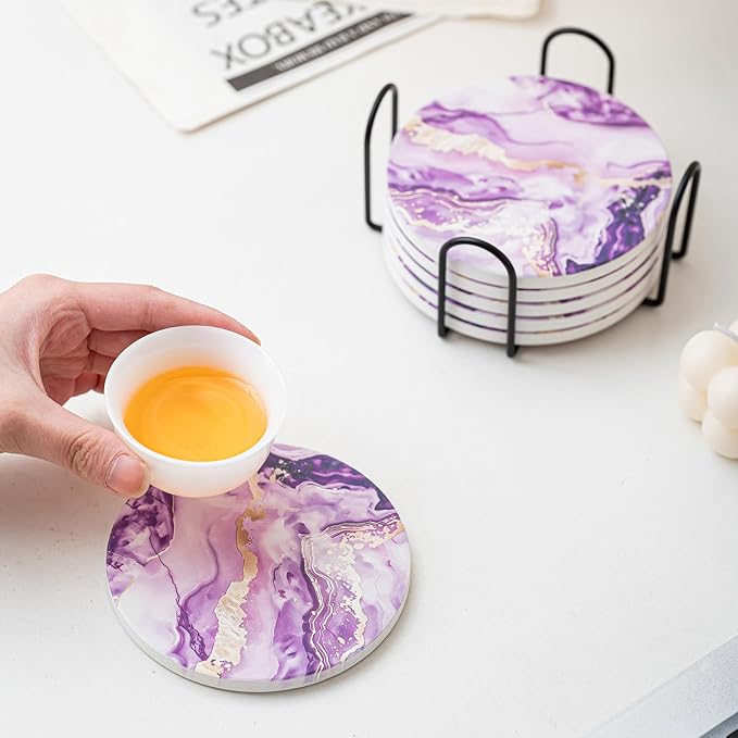 Ceramic Drink Coasters Set of 6 with Holder, Modern Marble Absorbent Ceramic Coasters, Round Ceramic Table Coasters for Home Decor Coffee Kitchen (4 Inches), Purple