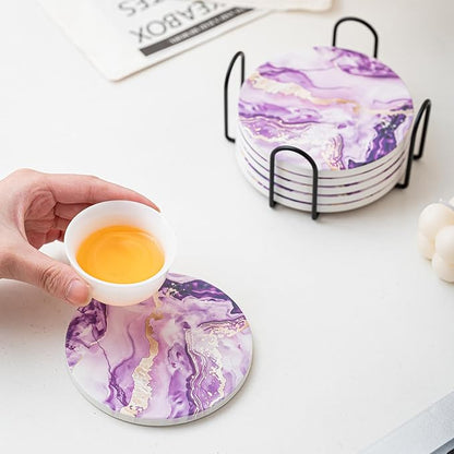 Ceramic Drink Coasters Set of 6 with Holder, Modern Marble Absorbent Ceramic Coasters, Round Ceramic Table Coasters for Home Decor Coffee Kitchen (4 Inches), Purple
